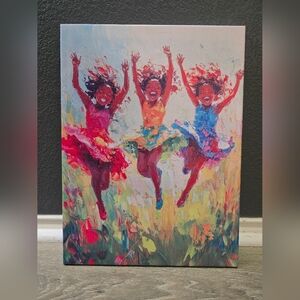 Colorful Print Three Girls Jumping In Flower Field 16 X 12 W/ Hanging Supplies
